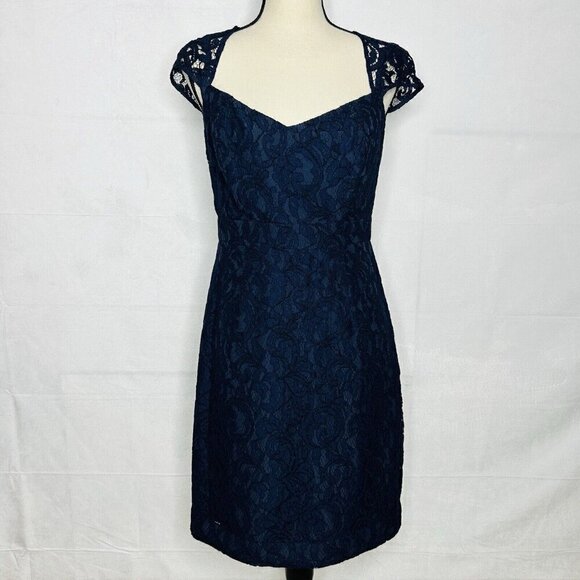 J. Crew Navy Lace Overlay Cocktail Sheath Dress Size 4 Cap Sleeve - Picture 1 of 10